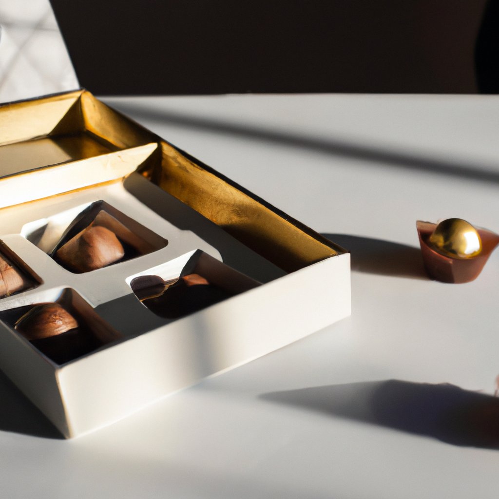 Bombones artesanales sobre superficie clara con sombras suaves y estética minimalista premium